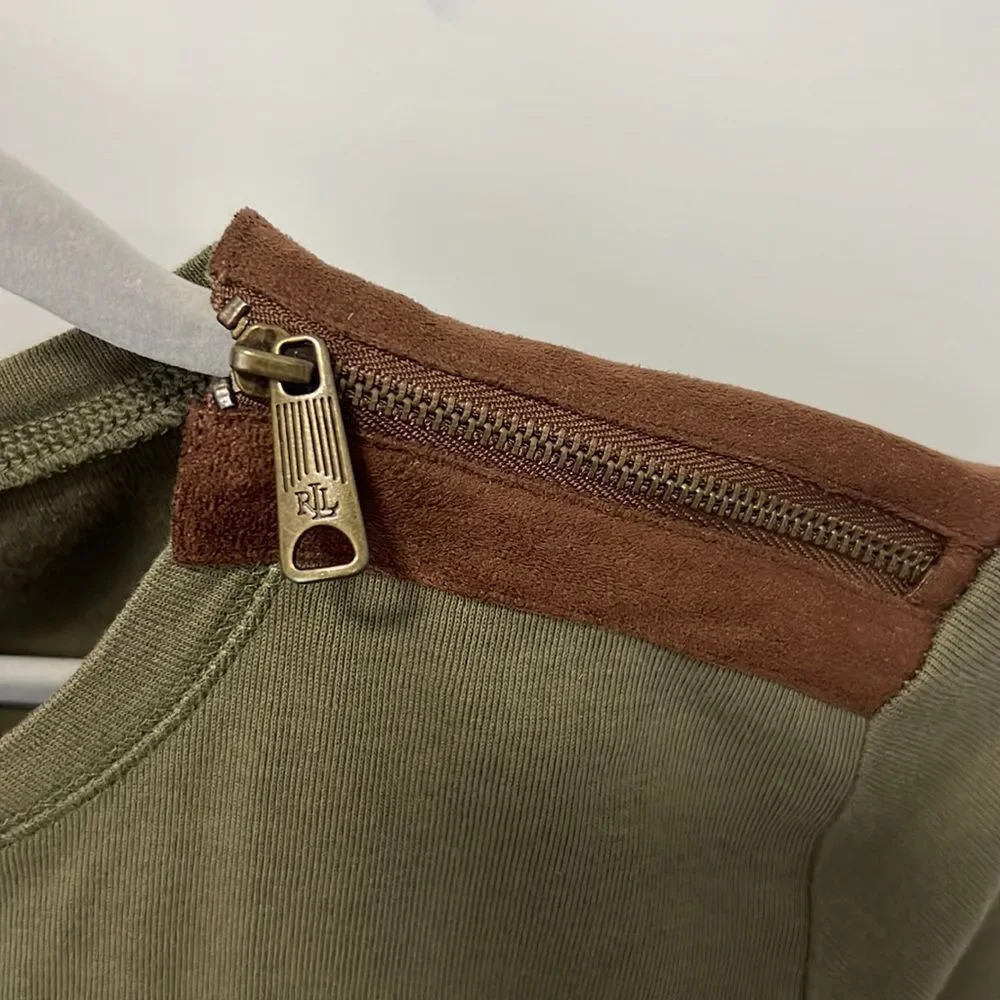 LAUREN RALPH LAUREN Army Green Brown Elbow
Pad Long Sleeve Top Size Large - Picture 7 of 9